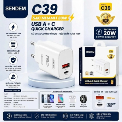 Cóc sạc Sendem C39 2 cổng sạc ( T100, full vat )