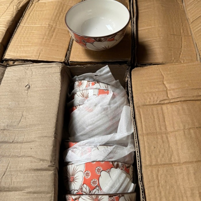 Bộ 10 chén 4D Hoa mai cánh trắng viền cam A102 ( T12 )