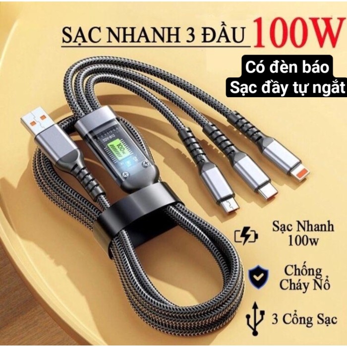 Dây cáp sạc 100w báo vol điện mã 218 3 đầu