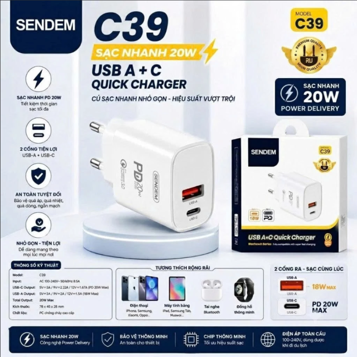 Cóc sạc Sendem C39 2 cổng sạc ( T100, full vat )