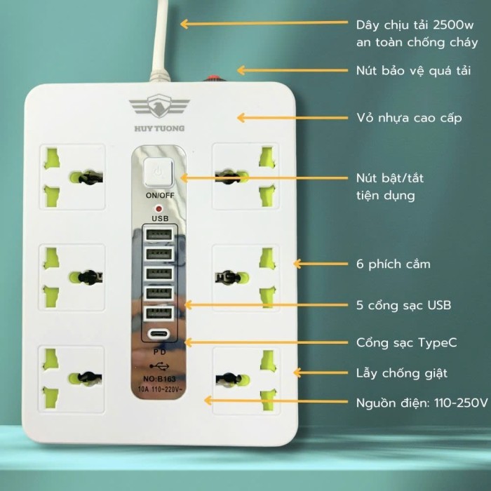 Ổ điện 5 cổng usb , 1 cổng typec , 6 ổ cắm dây 2m5 B163